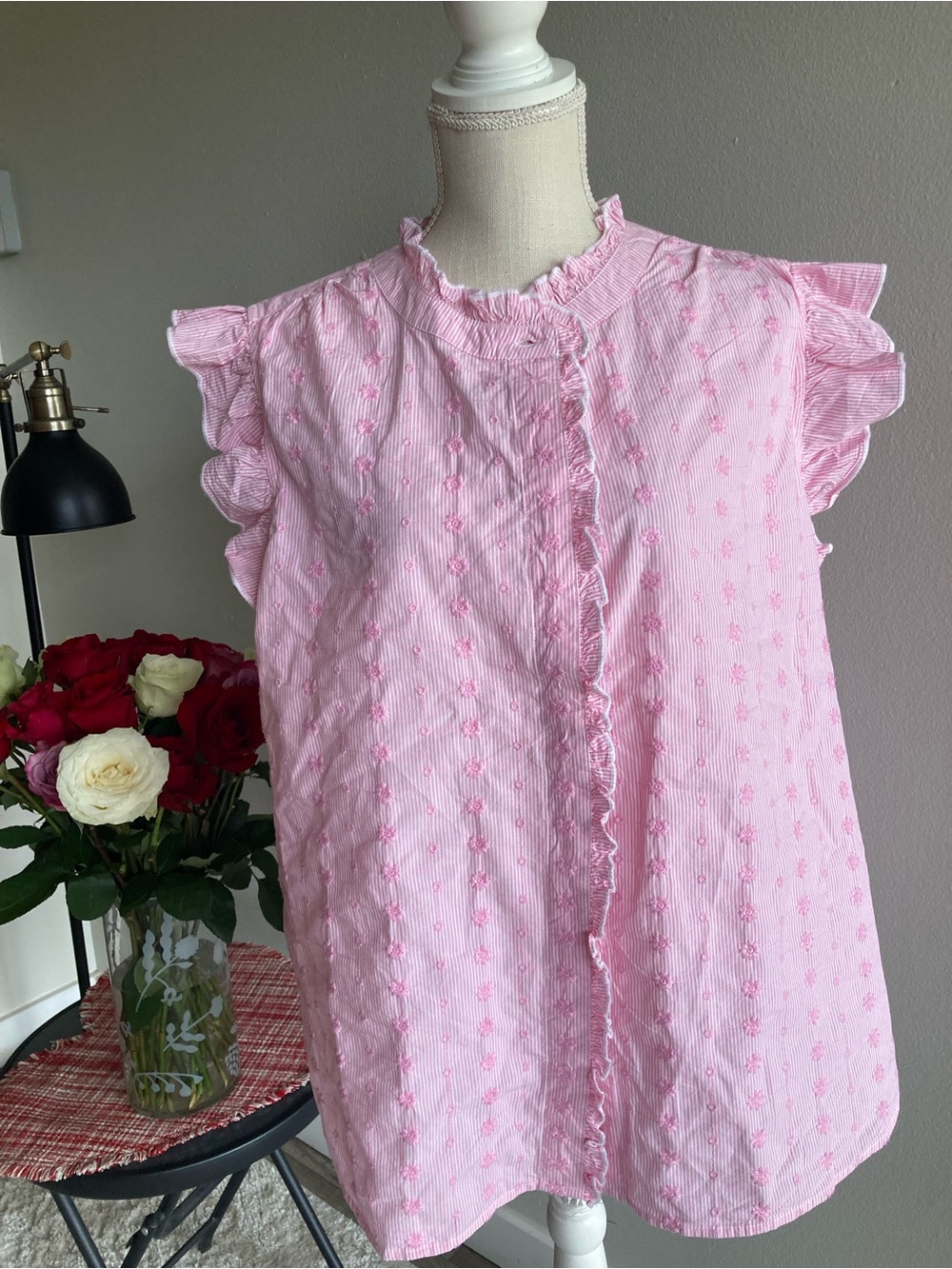 St. John's Bay Pink Ruffled Cap-Sleeve Blouse